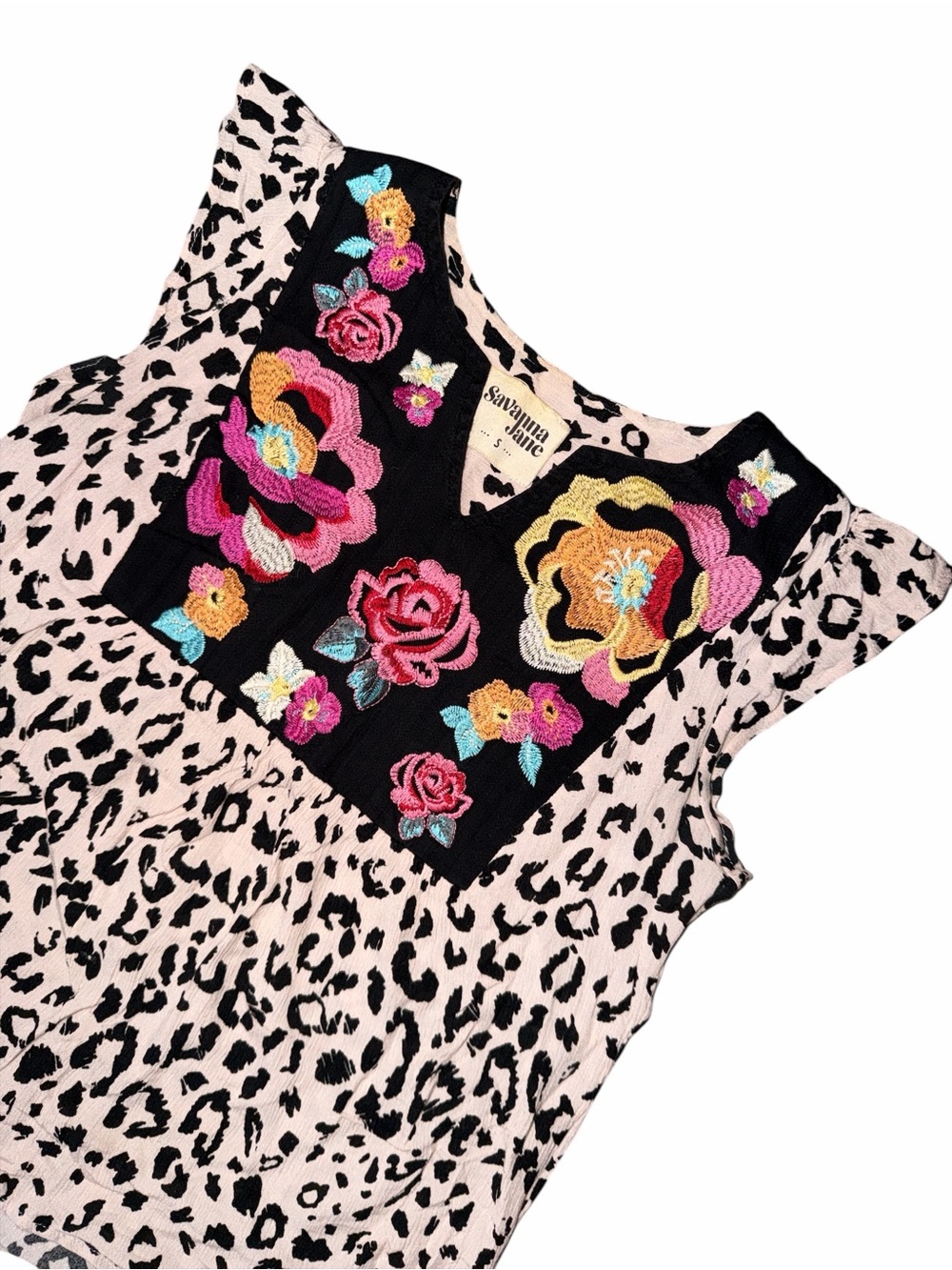 SAVANNA JANE Floral Embroidered Leopard Print Top - Pink & Black